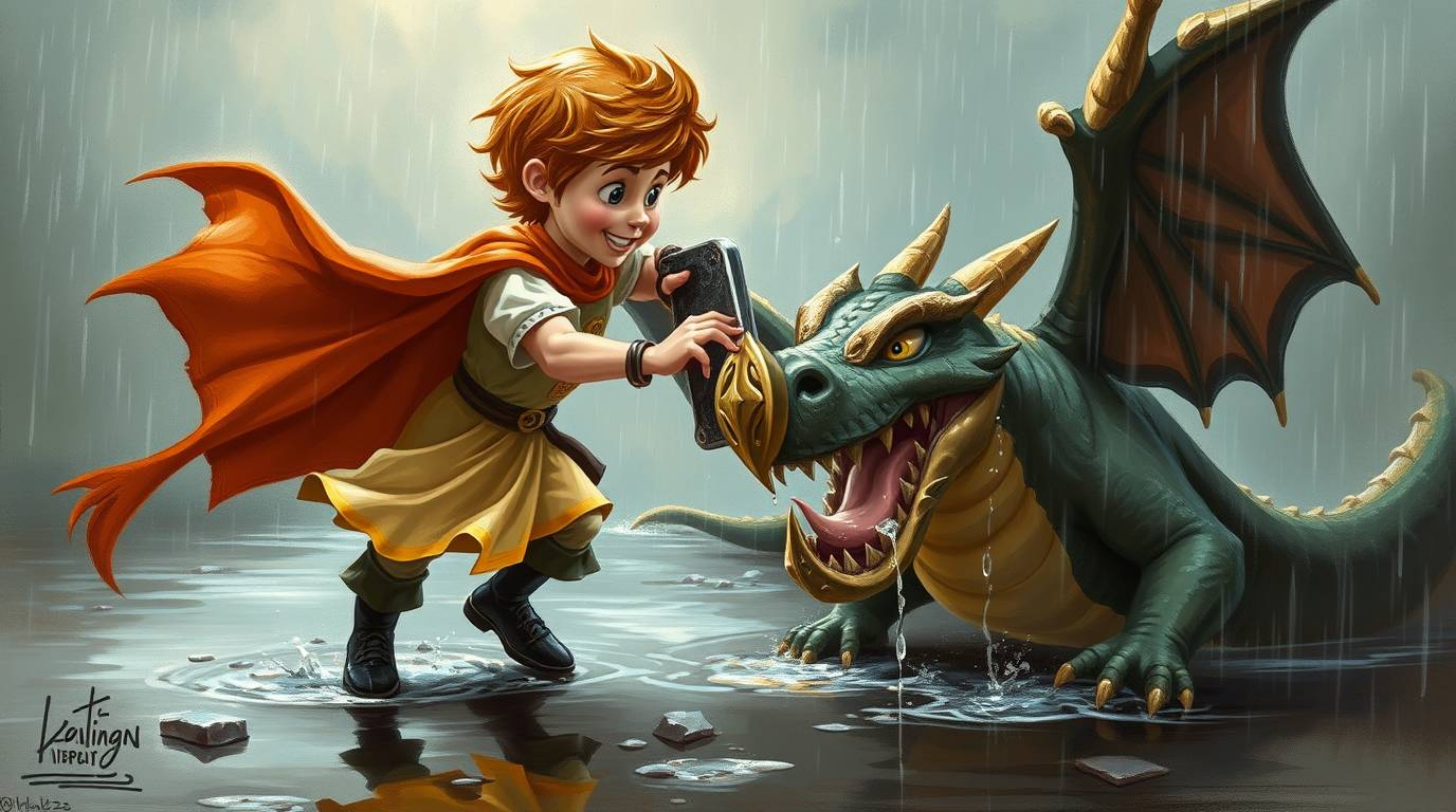 A captivating classic oil painting depicts a charming prince battling a fearsome dragon in a wet, rainy scene.  Rendered in a