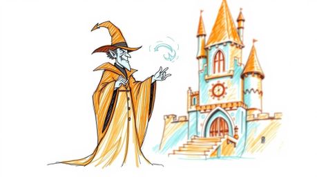 A captivating hand-drawn sketch showcases a classic Disney villain casting a spell within an ancient castle. Rendered in war