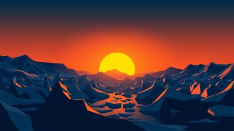 This modern flat design illustration depicts a breathtaking sunset over icy glaciers in the polar region. The artwork utilize