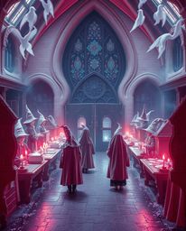 Step into a dreamlike world of wizardry with this surreal depiction of a magical school. Rendered in ethereal infrared tones,