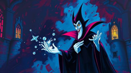 A bold acrylic painting depicting a classic Disney villain conjuring a spell within an old castle setting. The artwork utiliz