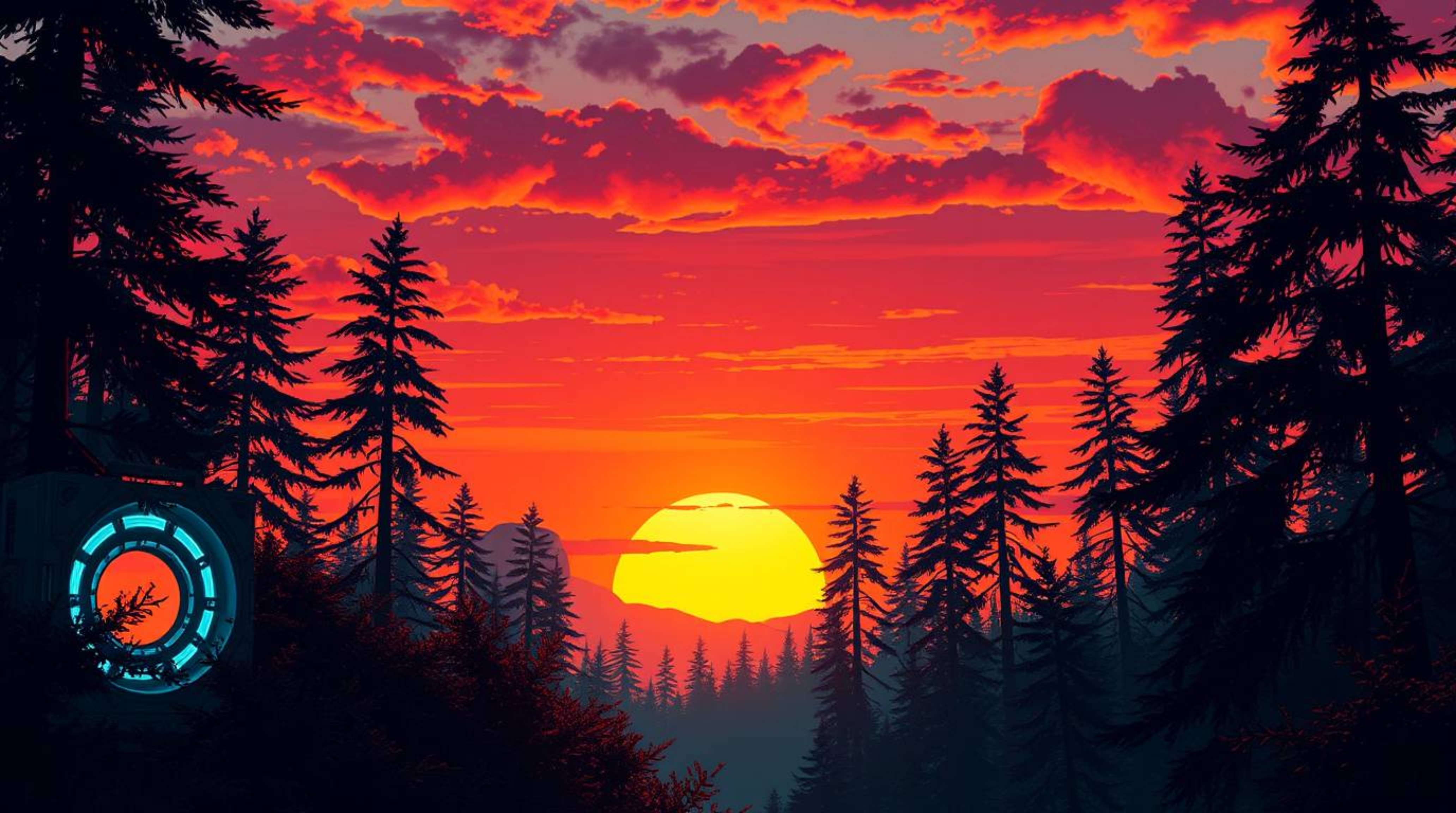 A captivating image depicting a futuristic sci-fi sunset scene.  Vibrant complementary colors illuminate a dense forest, show