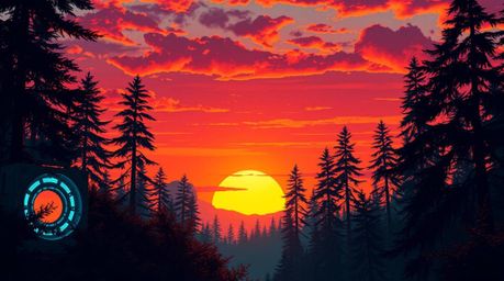A captivating image depicting a futuristic sci-fi sunset scene.  Vibrant complementary colors illuminate a dense forest, show