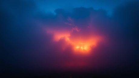Experience the raw power of nature with this low-angle perspective image of a thunderstorm bathed in the warm hues of a sunse