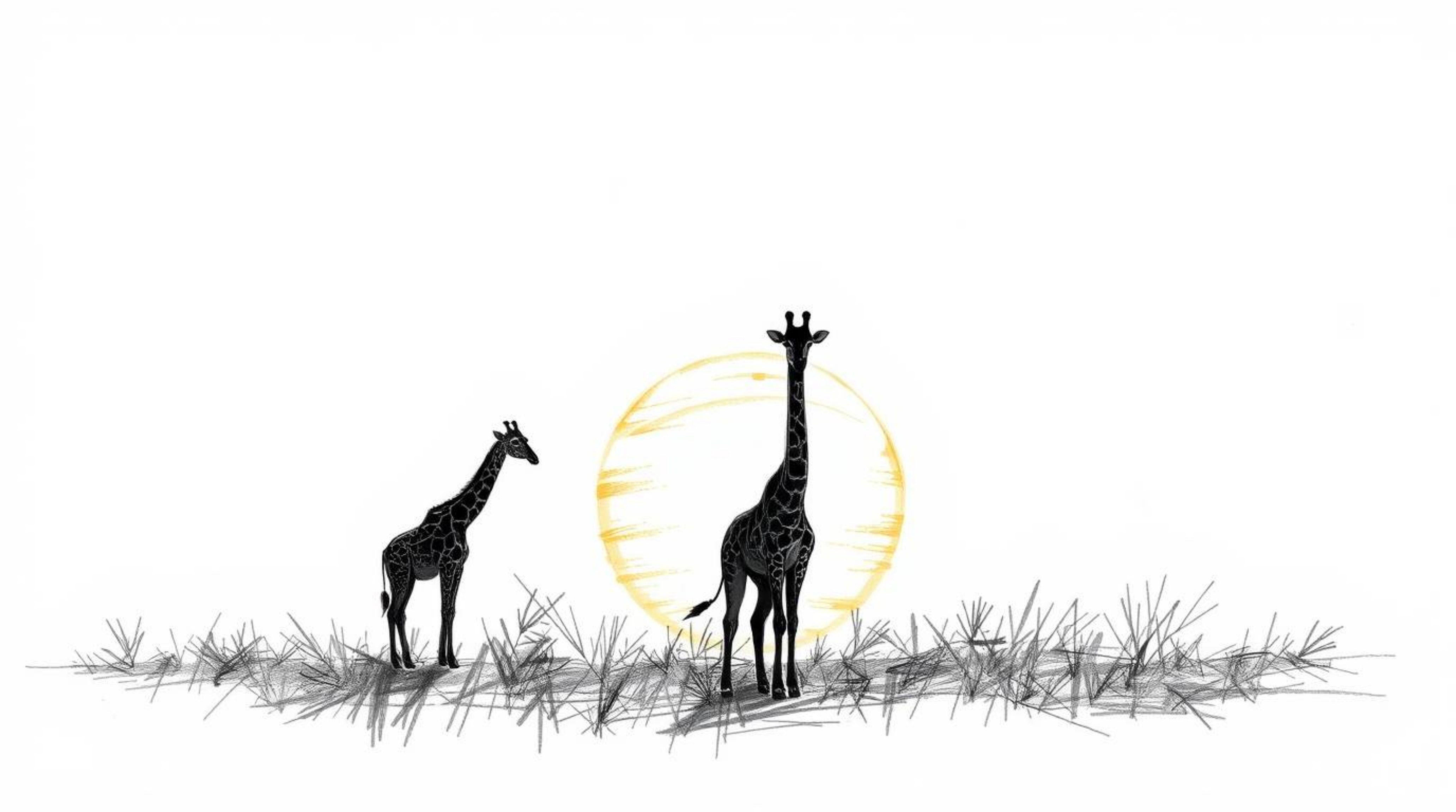A hand-drawn sketch captures a serene sunset at the savanna, featuring silhouetted giraffes.  Rough lines and textured pencil