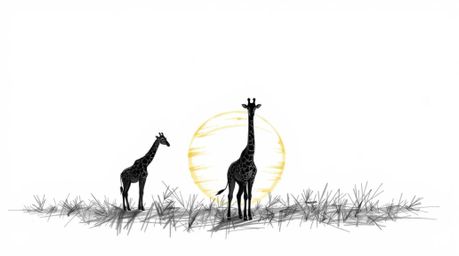 A hand-drawn sketch captures a serene sunset at the savanna, featuring silhouetted giraffes.  Rough lines and textured pencil