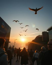 A candid street photography shot captures a spontaneous moment within a modern, futuristic urban setting that dramatically ov