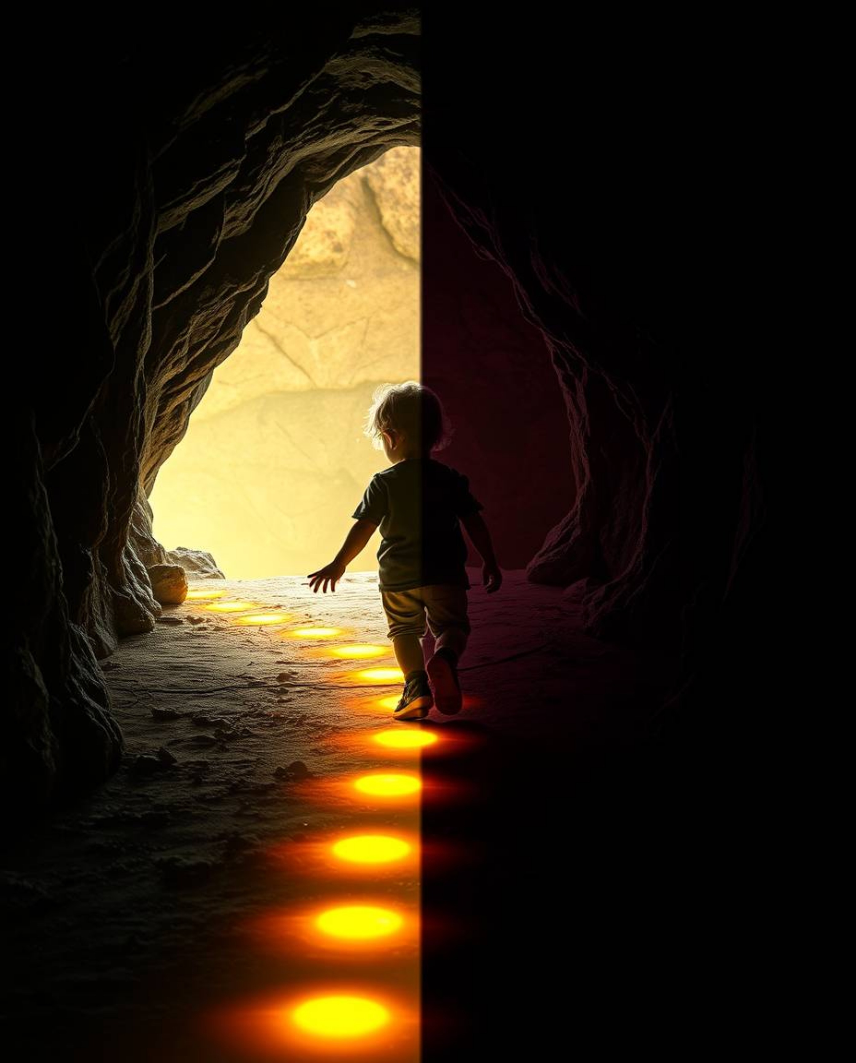 A captivating image depicting a child following a trail of glowing footsteps leading into a mysterious cave. The artwork feat