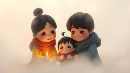Experience a heartwarming family reunion depicted in an adorable Pixar-style rendering. Though obscured by a thick fog that r