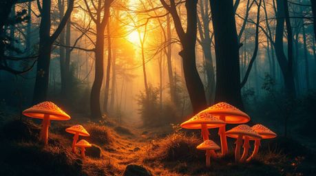 Experience a vibrant, electric depiction of a vintage-style enchanted forest.  Bathed in warm golden hour light, this artwork