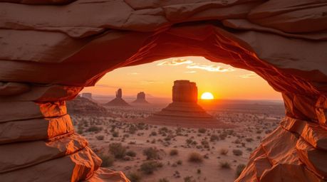 Experience the magic of a desert sunset framed by a unique natural rock arch, intricately crafted from layered papier-mâché. 
