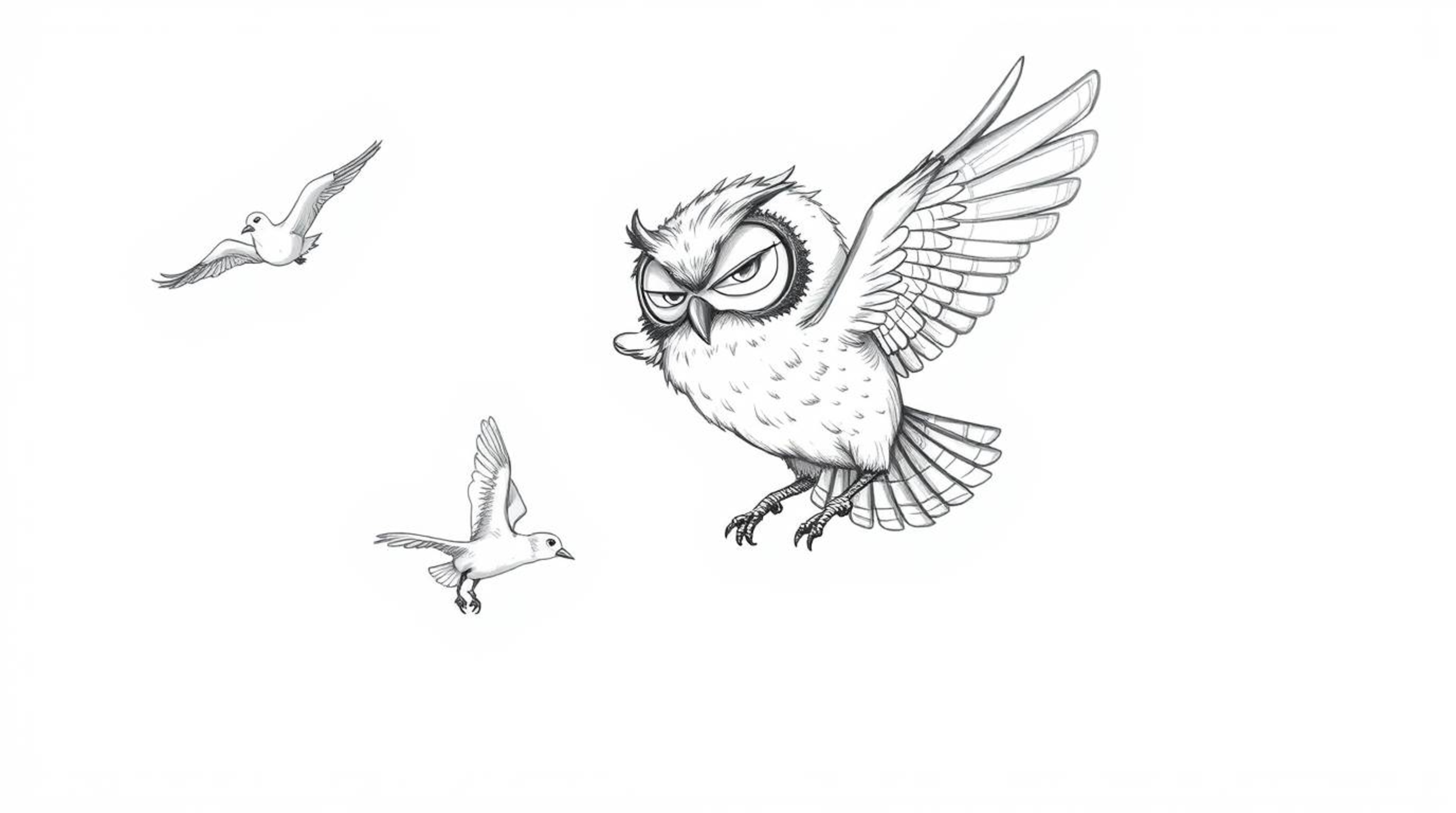 A hand-drawn sketch in a textured pencil style, evoking Pixar's charm, depicts a blind owl with slightly ruffled feathers giv