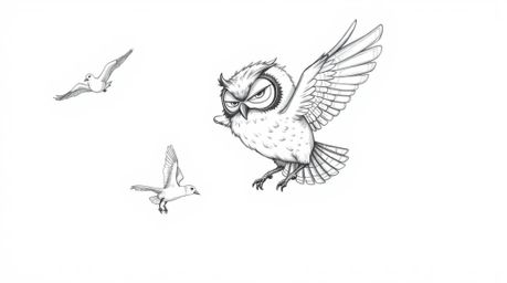 A hand-drawn sketch in a textured pencil style, evoking Pixar's charm, depicts a blind owl with slightly ruffled feathers giv
