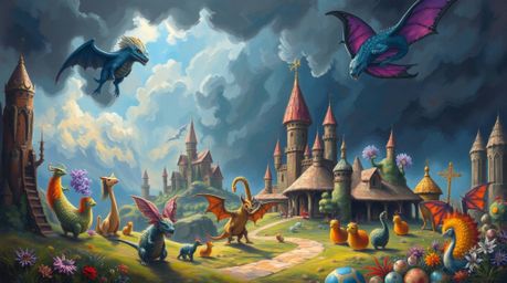 Immerse yourself in a classic oil painting depicting a fantastical kingdom teeming with quirky magical creatures, all set ben