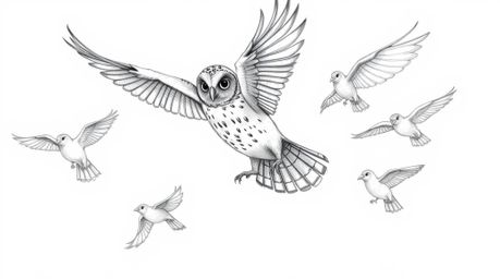 A captivating hand-drawn pencil sketch in a Pixar-inspired style depicts a blind owl, its intricate feathers rendered with ro