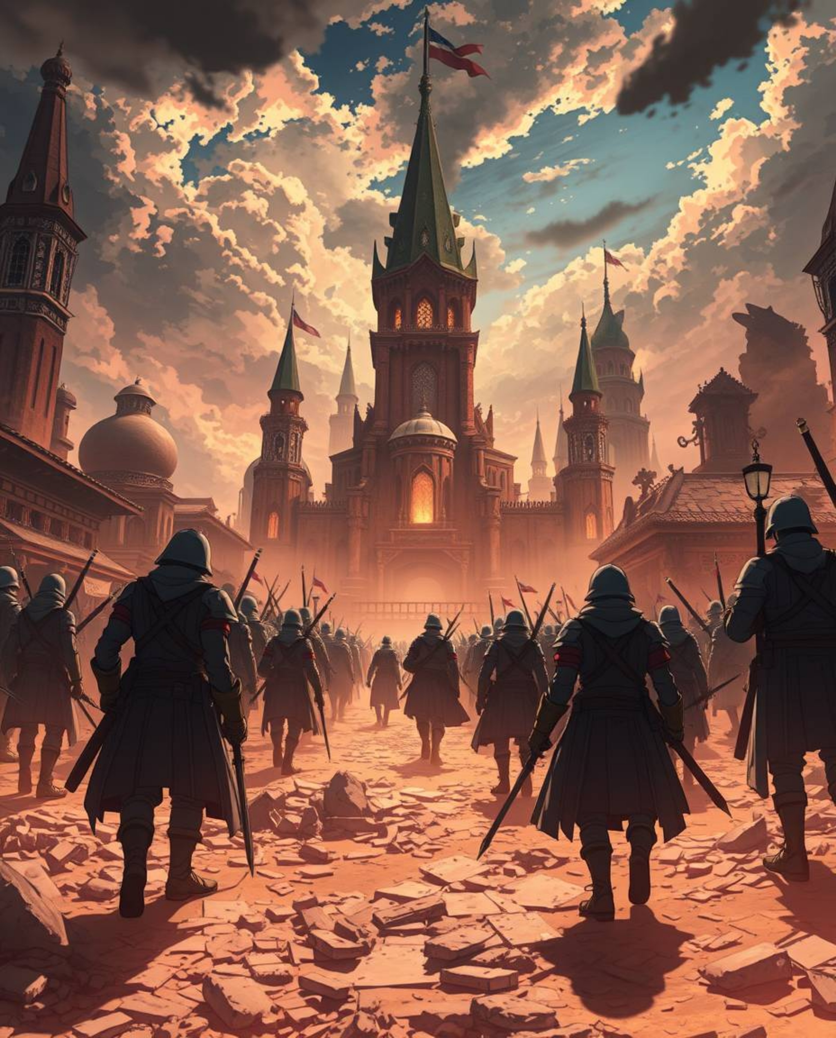 Experience a dramatic, cinematic Isekai anime scene depicting a chaotic battlefield where time-warped soldiers clash amidst c