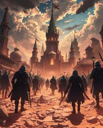 Experience a dramatic, cinematic Isekai anime scene depicting a chaotic battlefield where time-warped soldiers clash amidst c
