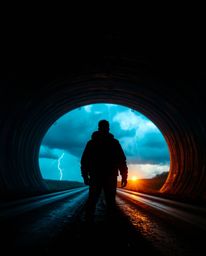 A captivating image of a silhouetted figure standing at a tunnel's edge, gazing towards a distant light amidst a breathtaking