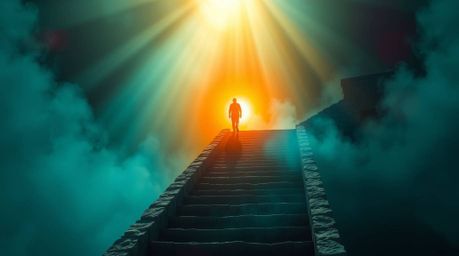 A lone figure is captured ascending a stone staircase that reaches towards a divine beam of light, enveloped in thick smoke a