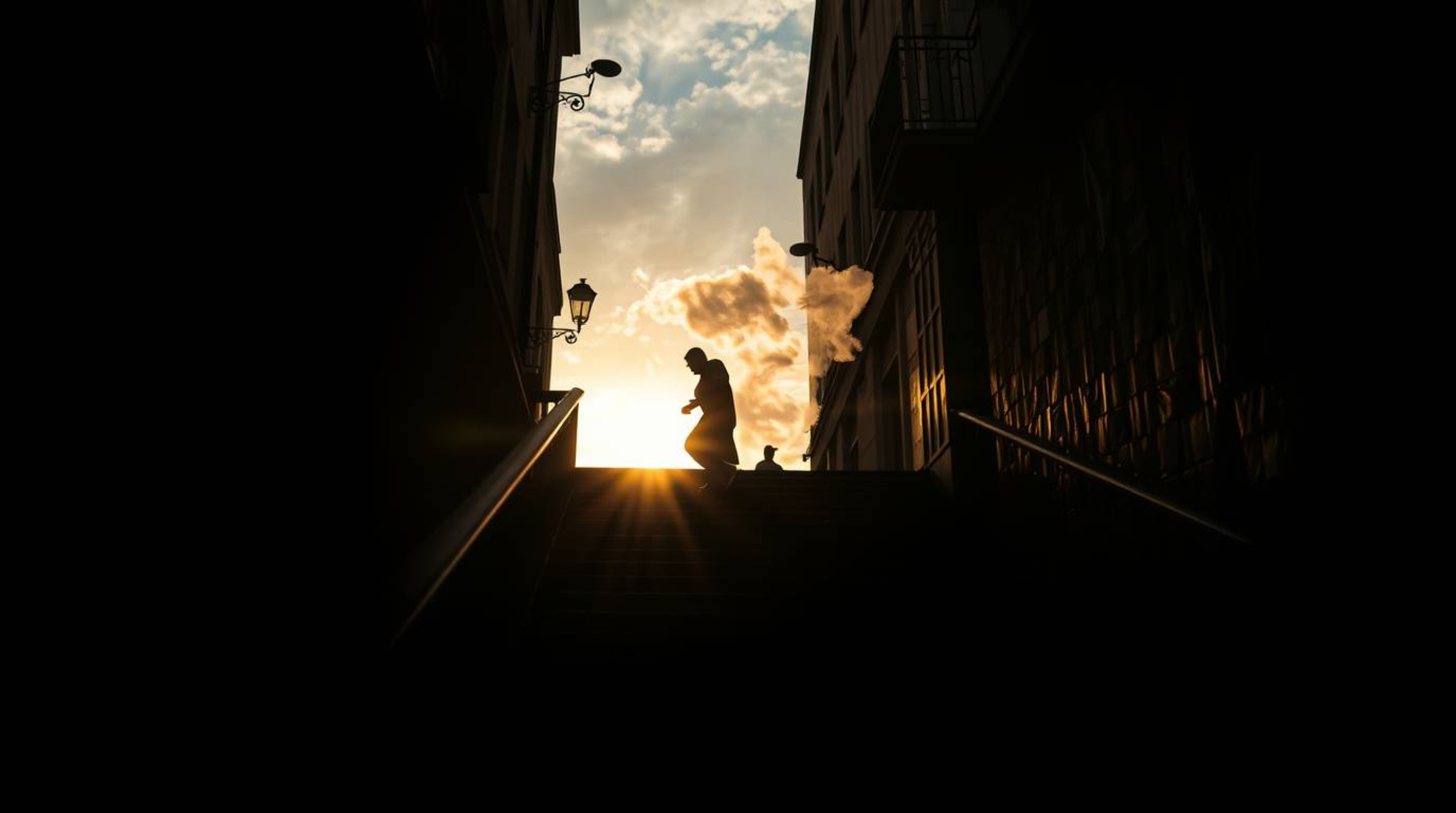A captivating candid street photography shot features a lone figure ascending a stone staircase bathed in a divine beam of li
