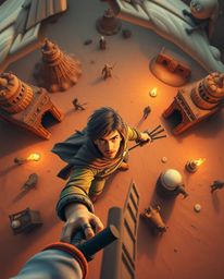Experience a dreamlike desert adventure with a brave hero in this Disney-style surreal scene.  Captured from a top-down, bird