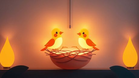 Explore the charm of two cartoon birds diligently building a nest in a classic animation style, rendered with modern flat des