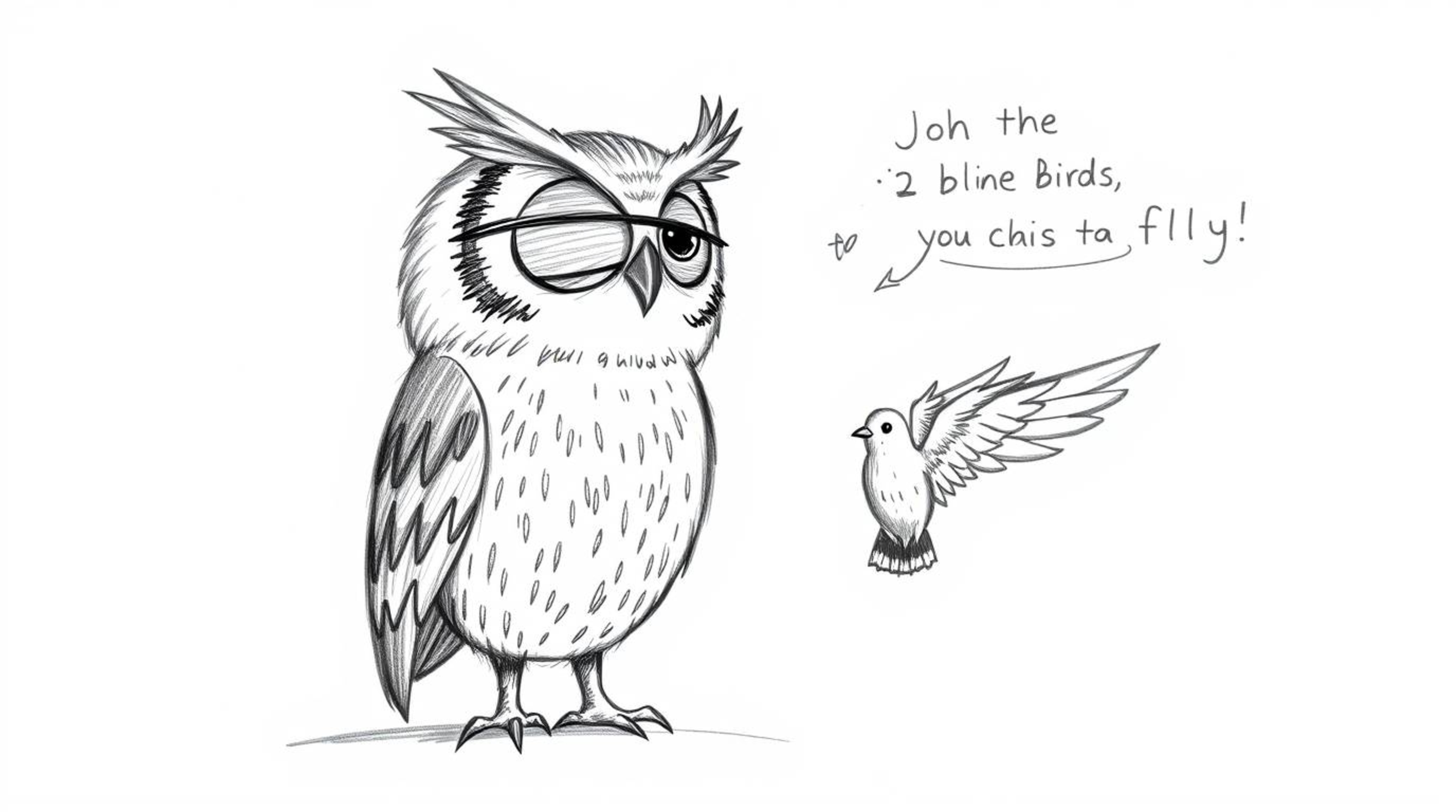 A heartwarming hand-drawn sketch in the style of Pixar portrays a blind owl, rendered with textured pencil strokes, passionat