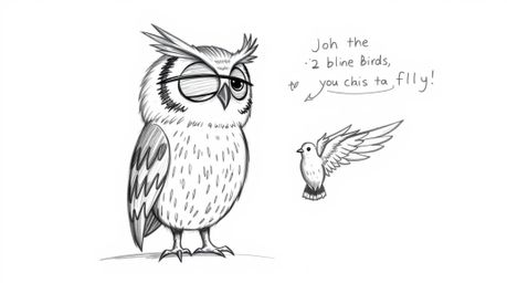 A heartwarming hand-drawn sketch in the style of Pixar portrays a blind owl, rendered with textured pencil strokes, passionat