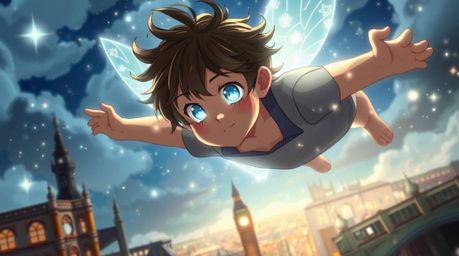 A young boy with luminous eyes and flowing hair, reminiscent of isekai anime style, soars above London propelled by pixie dus