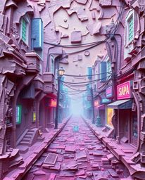 This unique artwork depicts a sculpted, textured papier-mâché scene of a pixelated glitch cyberpunk street bathed in neon haz