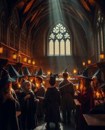 Immerse yourself in a magical school brimming with young wizards, brought to life with a captivating chiaroscuro style. Warm 