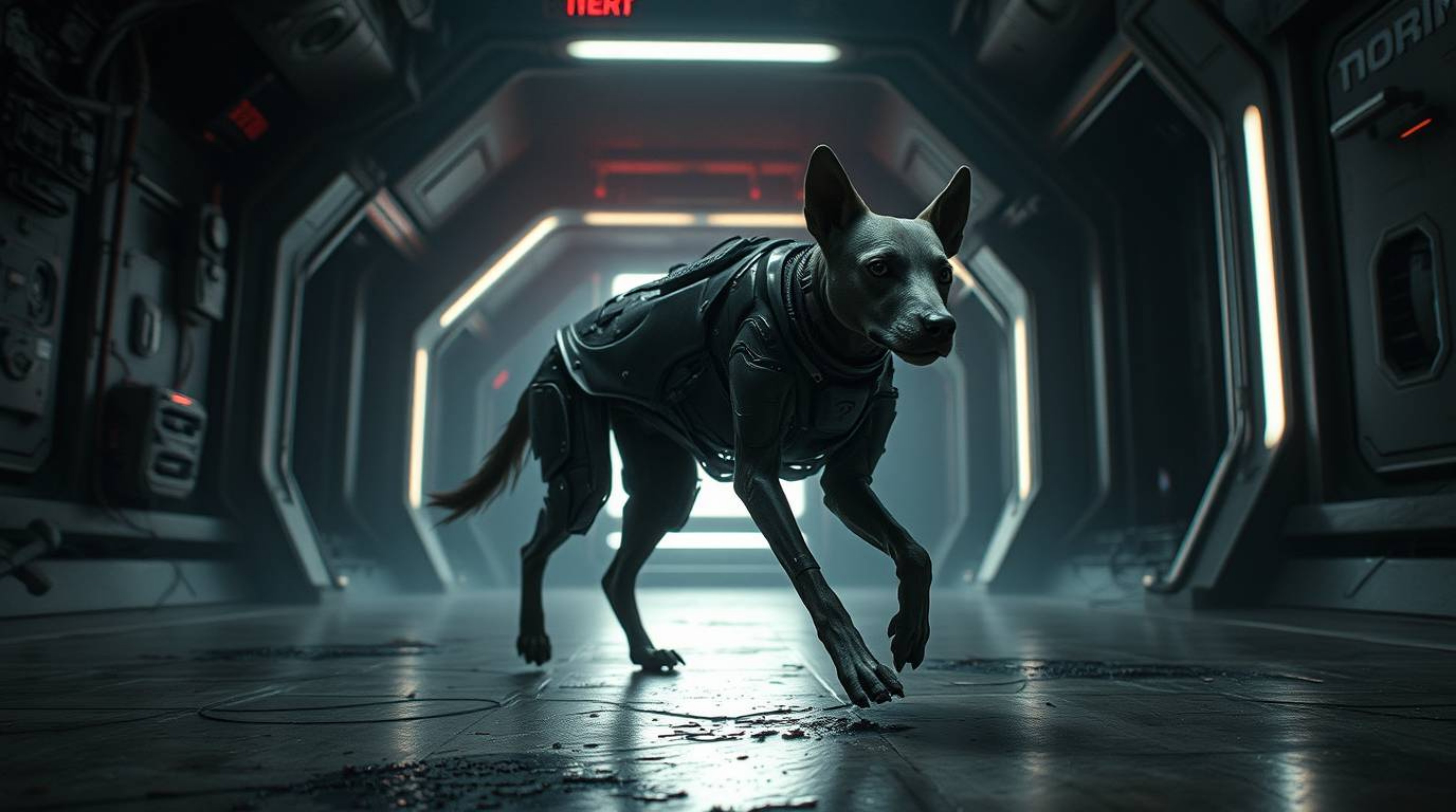 Imagine a futuristic dog confidently walking itself through a desolate space environment. The scene is thick with an eerie an