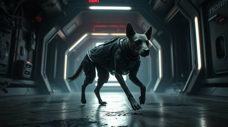 Imagine a futuristic dog confidently walking itself through a desolate space environment. The scene is thick with an eerie an