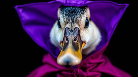 This close-up shot showcases a duck in a zany superhero costume, featuring deep ultraviolet hues and vivid purples. The image
