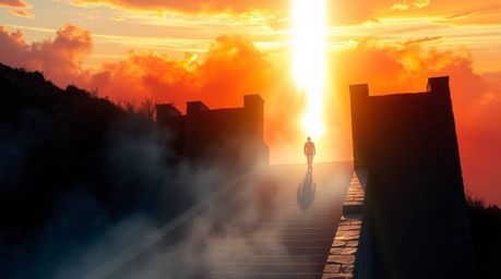 A lone figure's ascent up a stone staircase into a divine light beam bathed in vibrant, complementary colors creates a captiv