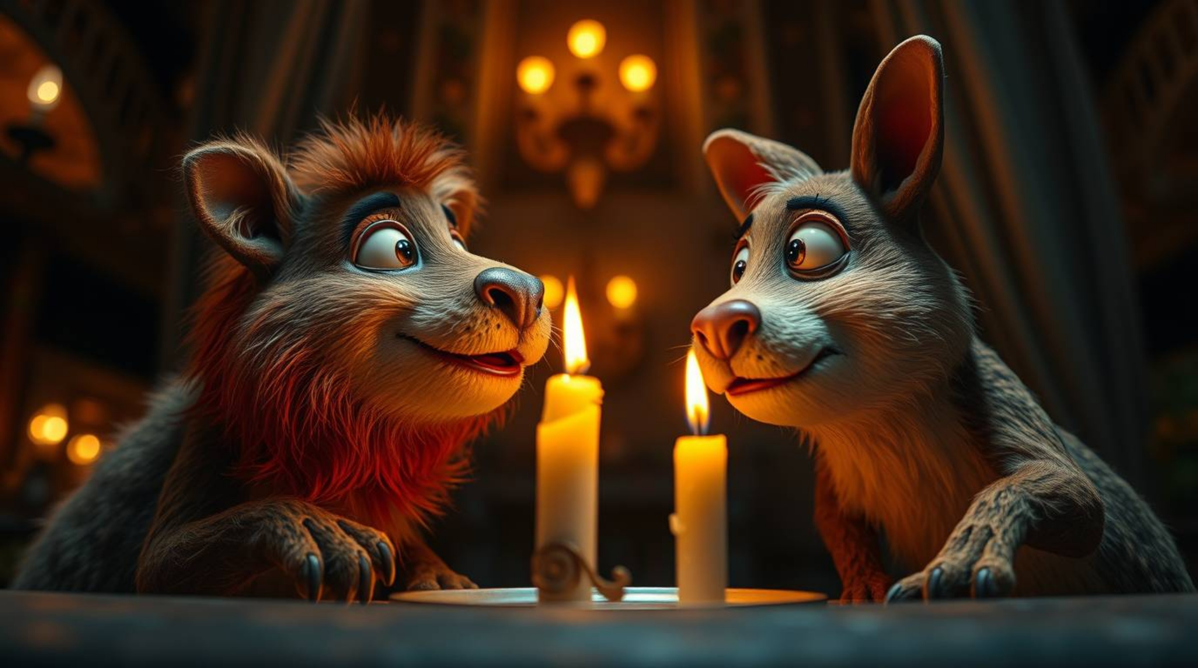 A captivating high-angle shot reveals two animated talking animals engaged in mischievous activities.  Warm candlelight illum