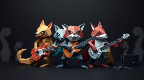Experience a unique visual spectacle of a cartoon animal rock band rendered in intricate origami style.  The artwork showcase
