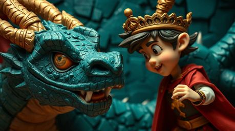 A charming prince, rendered in a stunning 1950s animation style with a sculpted papier-mâché texture, bravely faces a fearsom