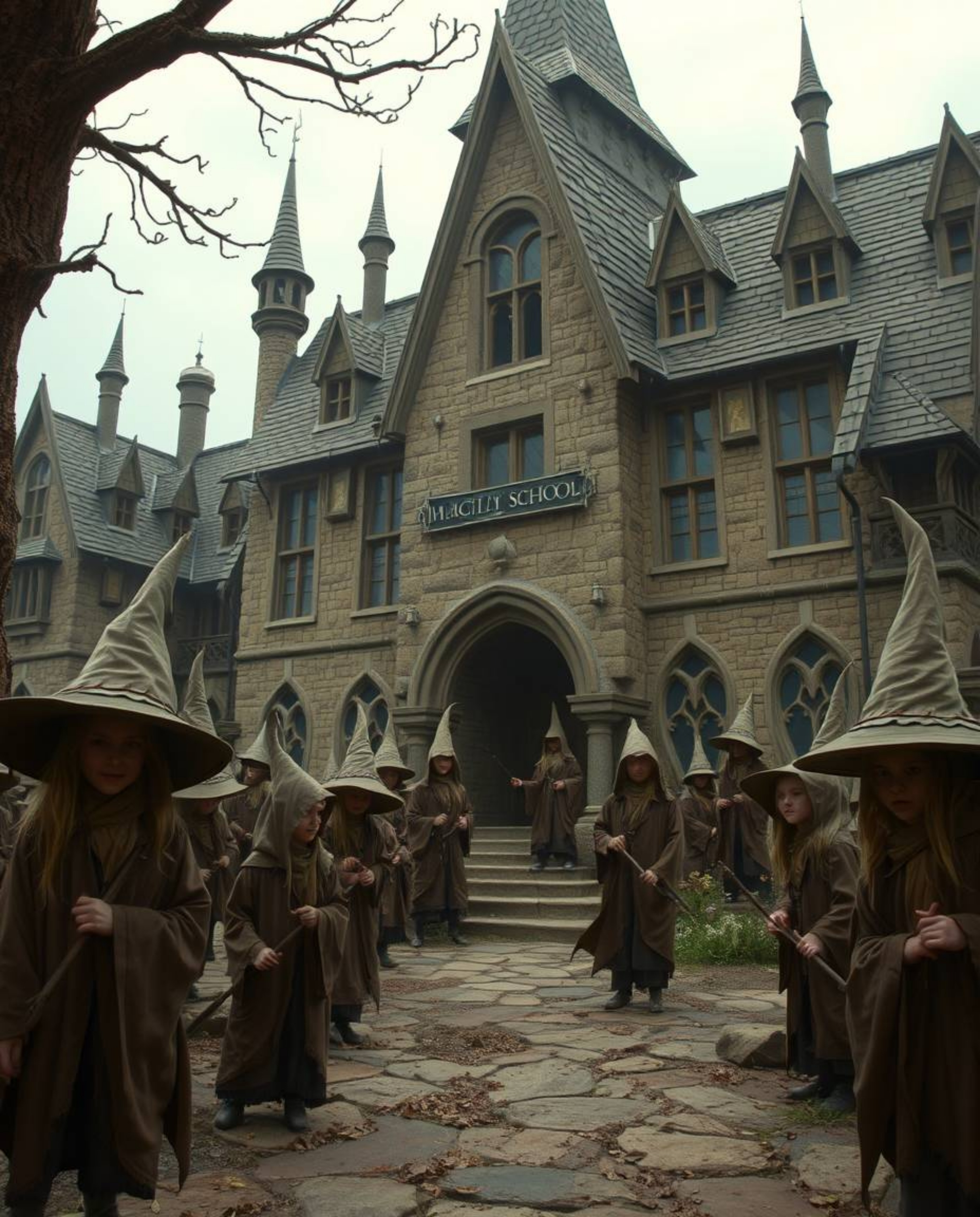 Discover a creepy yet captivating magical school brimming with young wizards.  Rendered in natural earth tones of browns and 