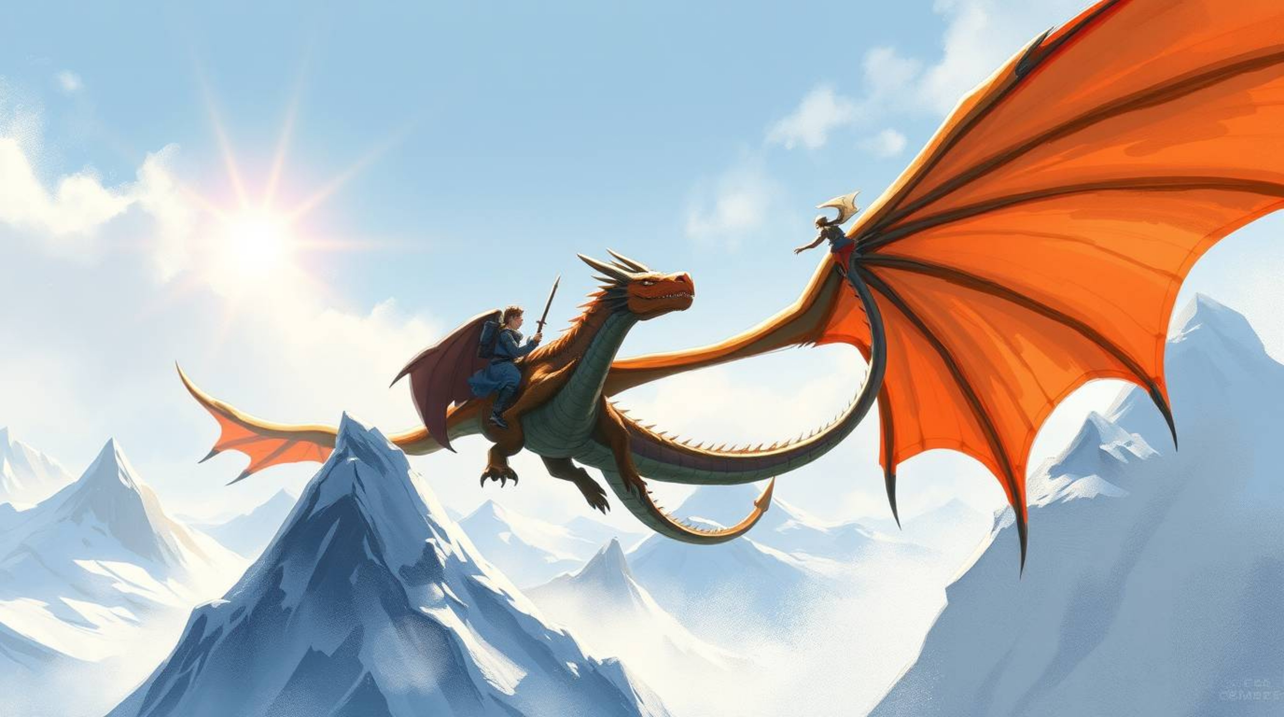 A stunning digital sketch depicting a dragon and rider soaring above formidable icy mountains. The artwork is rendered with l