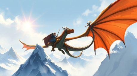 A stunning digital sketch depicting a dragon and rider soaring above formidable icy mountains. The artwork is rendered with l