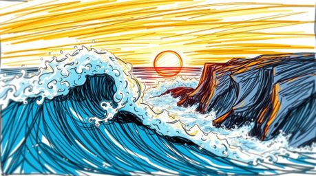 Experience the vibrant energy of a hand-drawn sketch depicting dynamic waves crashing against cliffs under a blazing sunset. 