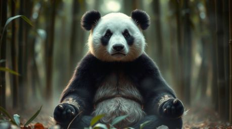 A cinematic close-up showcases a meditating panda martial artist nestled within a serene bamboo forest. The soft focus and ha