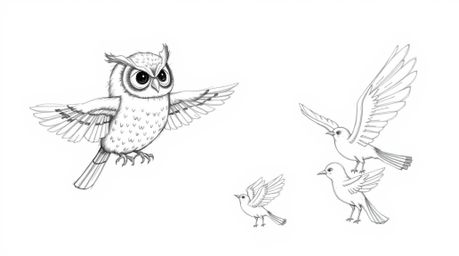 Explore a heartwarming hand-drawn sketch depicting a blind owl, its wisdom radiating through gentle lines, as it guides birds