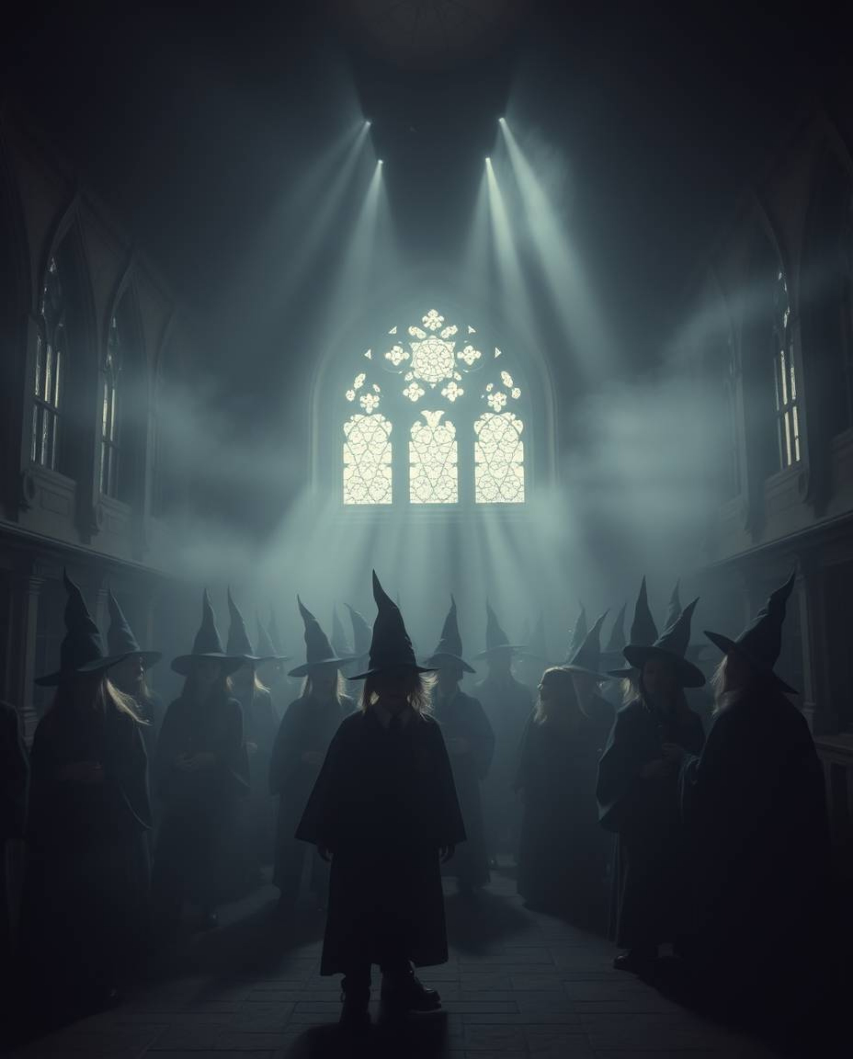 This artwork depicts a magical school brimming with young wizards, bathed in volumetric lighting and a moody atmosphere.  Vis