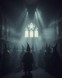 This artwork depicts a magical school brimming with young wizards, bathed in volumetric lighting and a moody atmosphere.  Vis
