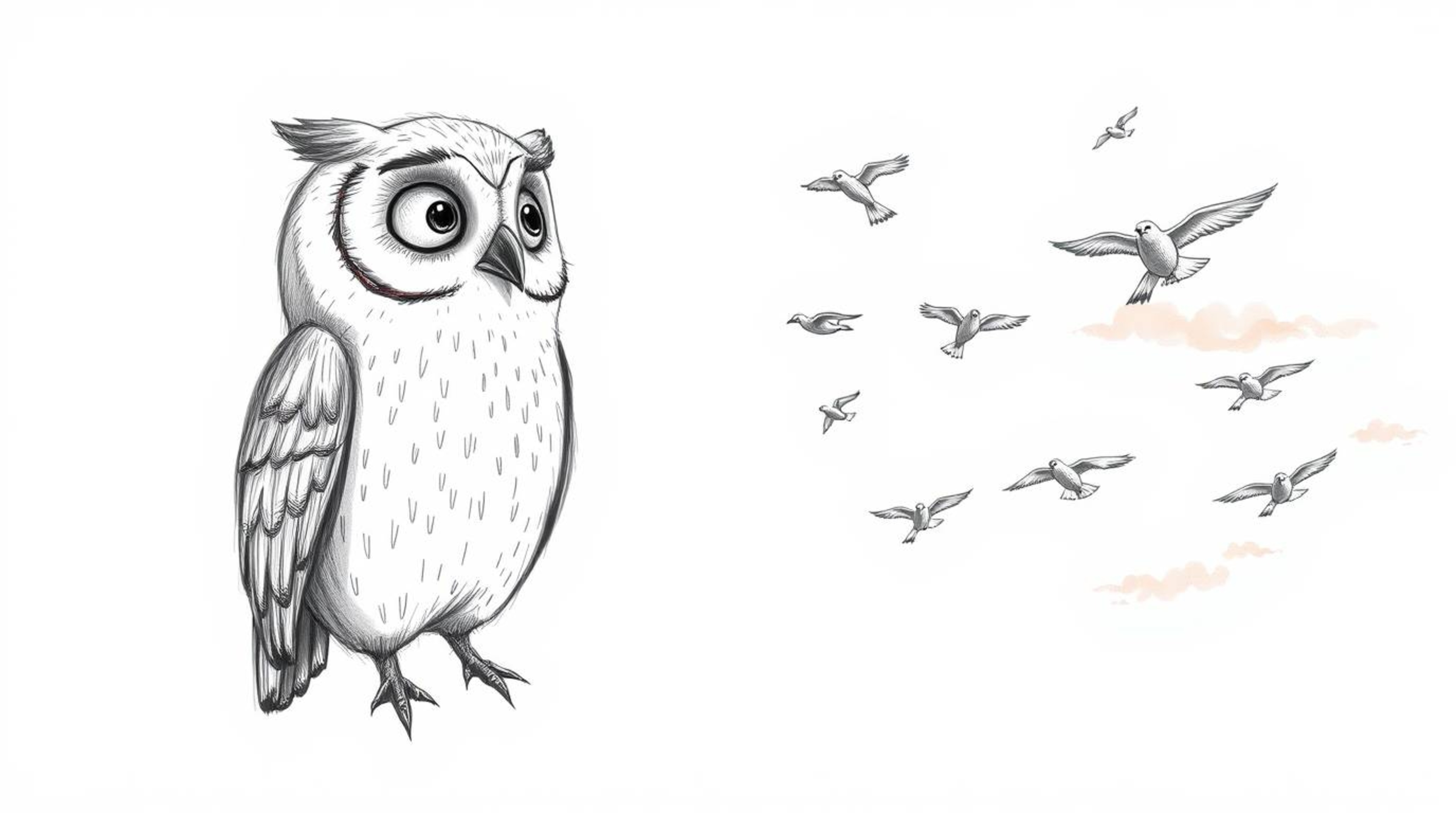 A heartwarming, Pixar-esque hand-drawn sketch depicts a wise, blind owl patiently teaching a flock of birds how to fly.  Rend