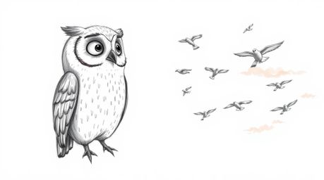 A heartwarming, Pixar-esque hand-drawn sketch depicts a wise, blind owl patiently teaching a flock of birds how to fly.  Rend