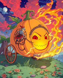 This artwork depicts a captivating isekai anime-style scene of a magical pumpkin undergoing a stunning transformation into a