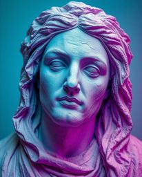 Explore a captivating blend of classical sculpture and digital glitch art. This piece showcases a cool-toned, layered papier-